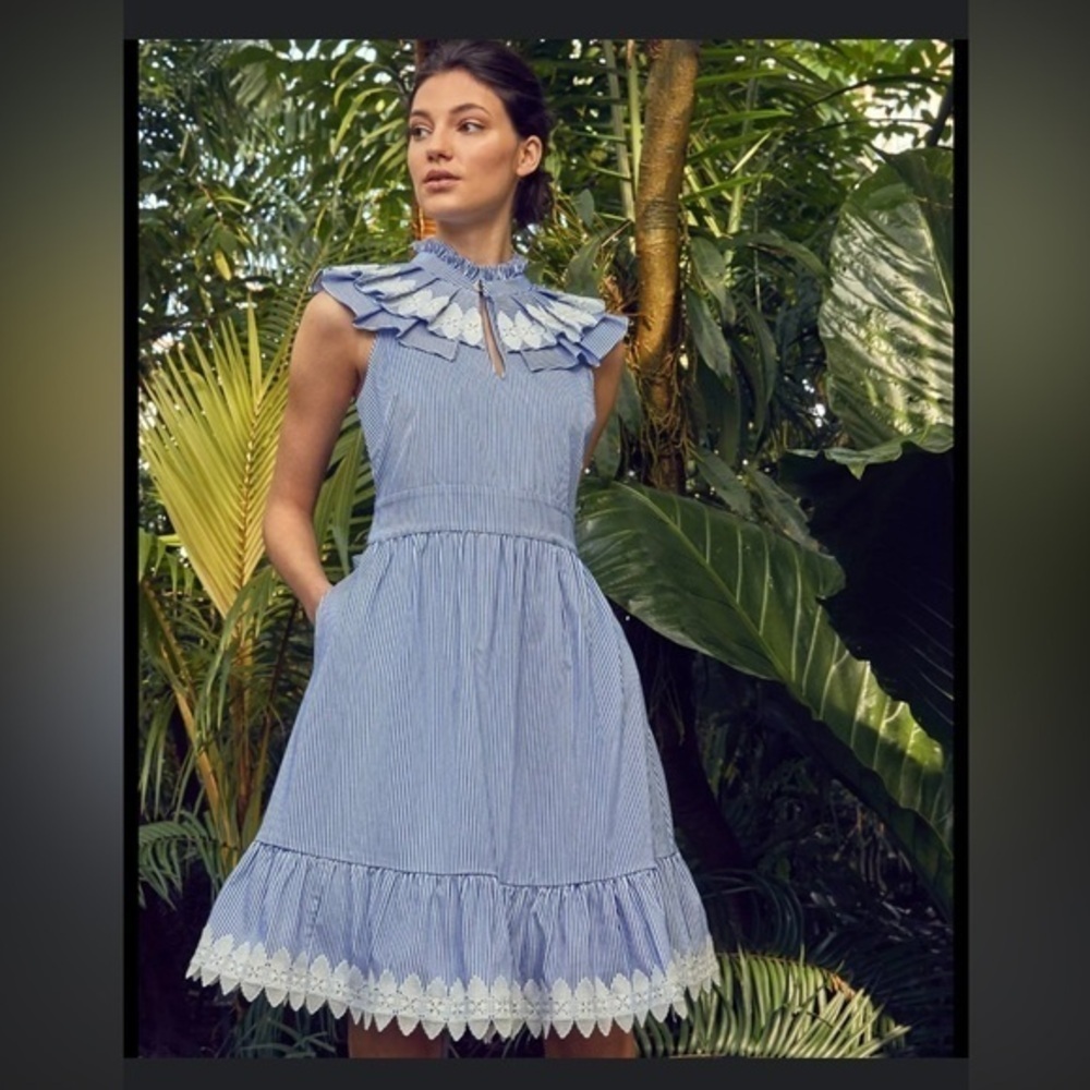 Ted Baker Kikkii frill bib lace Appliqué cotton blue and white dress size 4